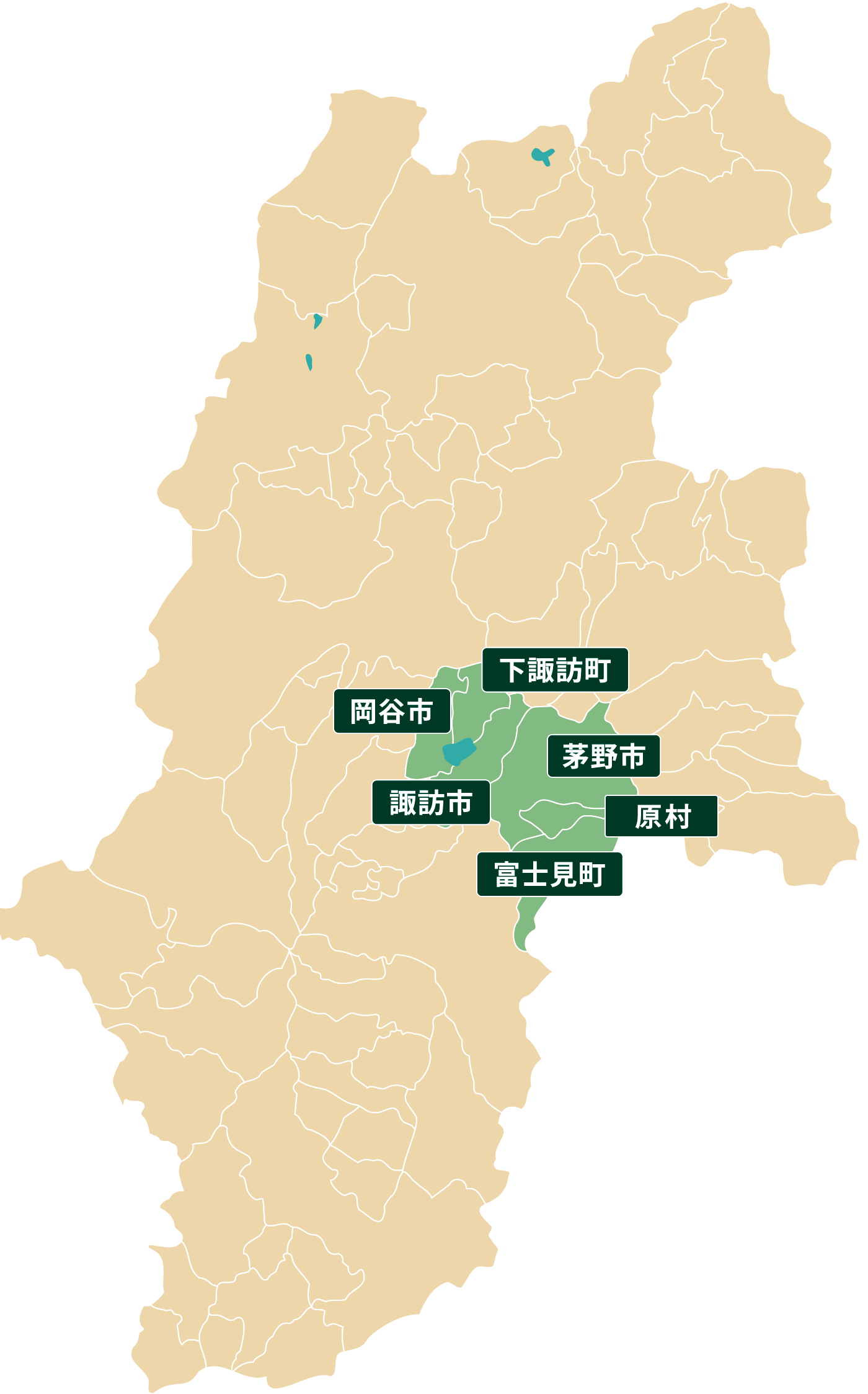 Map highlighting a green area in Nagano with labeled municipalities: Suwa City, Shōwa? (Shimosuwa), Fujimi Town, Okaya City, Chino City, Harimura (Harumura) and surrounding towns.